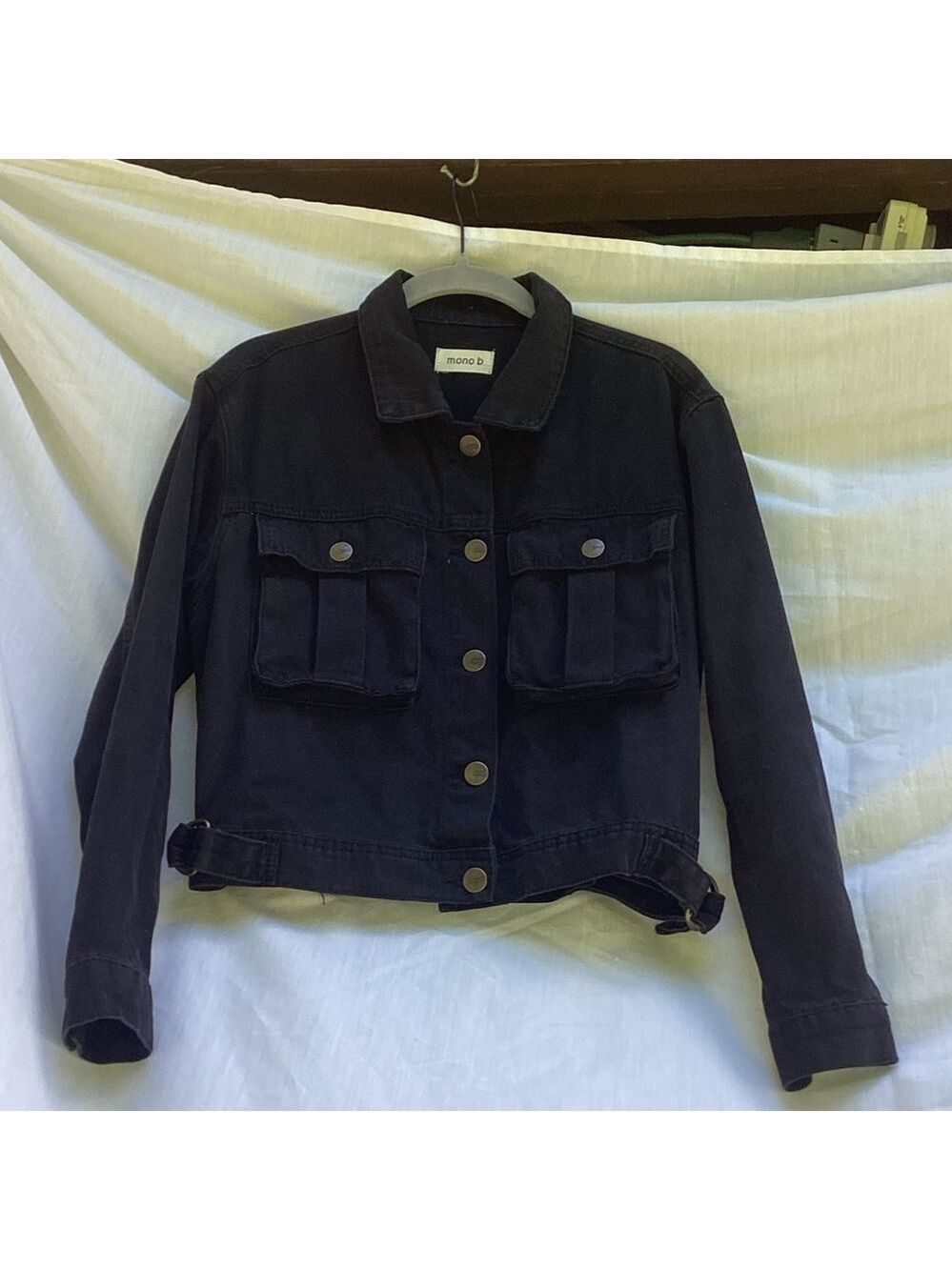Mono B black cropped denim jacket, size small